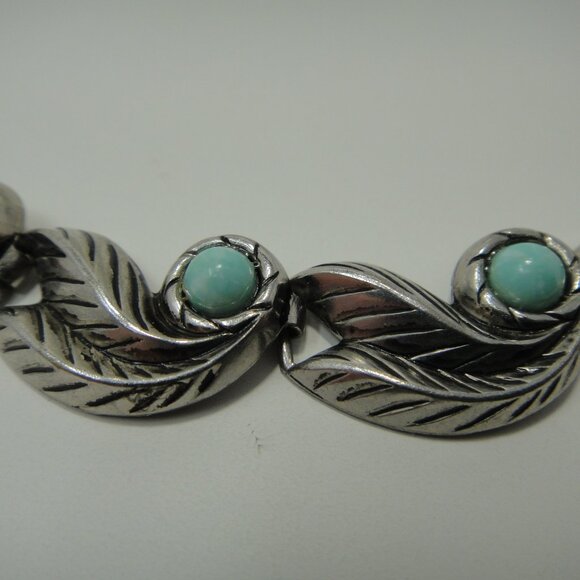 Necklace Blue Faux Turquoise Silver Tone Leaves Choker 16.5" - Picture 4 of 11